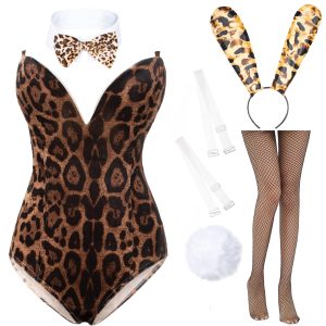 Anime Womens Bunny Girl Costume One Piece Bodysuit Halloween Cosplay Catsuit Bunny Headband Stockings Set(Leopard S)