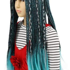 karlery Kids Girls Long Braid Blue and Black Mixed Wig Anime Costume Party Wig
