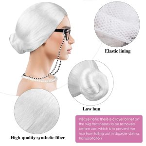 AOTHSO 5 Pieces 100 Days of School Old Lady Wig Costume Set Granny Cosplay Wig Glasses Necklace for Halloween Dress Up Party