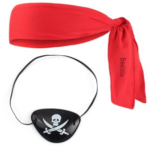 Beelittle Captain Pirate Costume Accessories Set Red Headband Pirate Skull Eye Patch Gold Earrring Necklace (Red 1)