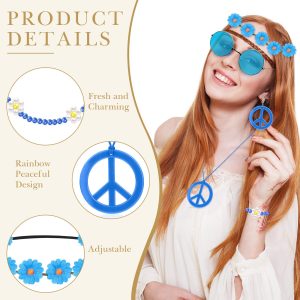 Batiyeer 6 Pcs Hippie Costume Accessories Set, Boho Peace Sign Daisy Flower 60s 70s Party Favors Decor for Groovy Party Women(Blue)