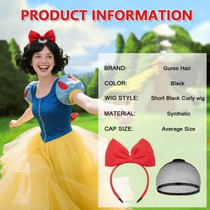 Guree Hair Short Black Curly Wigs + Red Bow Headband for Women Costume Synthetic Bob Curly Wig for Halloween Cosplay Party Use