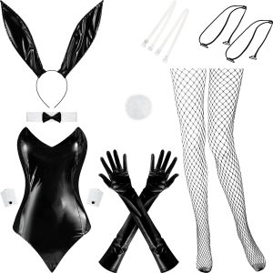 9 Pcs Bunny Outfit for Girl Halloween Tails Bodysuit Stockings Rabbit Costume Set for Women Party Bunny Suit (Large)
