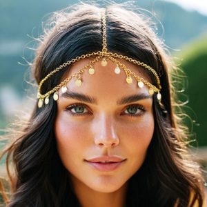 Aukmla Gold Sequins Head Chain Jewelry Festival Halloween Prom Costume Hair Accessories Fashion Headbands Headpieces for Women and Girls