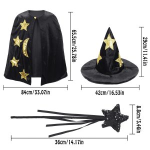 Kids Wizard Witch Cloak With Hat And Wand, Halloween Boys and Girls Cape Costume Props for Cosplay Party Fancy Dress (Black)