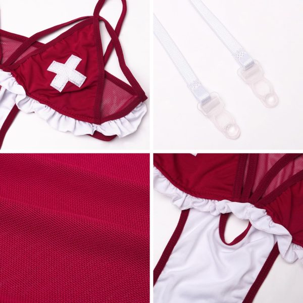 HOTSO Sexy Nurse Costume Naughty Outfits Women Halloween Cosplay Lingerie Set with Garter Belt Fancy Nurse Roleplay Dress (Red, L-XL) - Image 5
