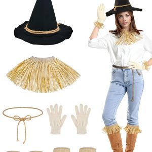 9 Piece Scarecrow Costume Set for Women Men Scarecrow Hat Gloves Rope Belt Straw Kit Holloween Cosplay Accessories