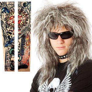 ALLAURA 70s 80s Rocker Wigs + Tattoos Costume Set Glam Hairband Rockstar Mullet Wig + Tattoo Sleeves Heavy Metal Wigs Metal HairWig | Rock Star Wig for Men — Rock Star Costumes for Men's