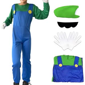Atecheseed Super Brothers Costume Plumber Jumpsuits Halloween Cosplay With Hat Gloves Beards Blue Medium