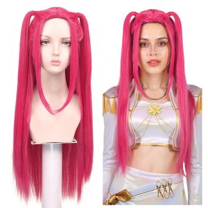 FantaLook Long Straight Hot Pink Cosplay Wig with 2 Ponytails for Women Halloween Party Costume