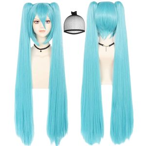JoneTing 48inch/120cm Long Blue Wig【+Wig Cap】 with Double Ponytails for Women Long Straight White Ponytail Wigs Blue Pigtails Wigs for Cospaly Peluca Azul Blue Pigtail Hair for Halloween Party
