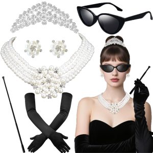 6 PCS 1920s Accessories,20s Accessories Pearl Necklace Earrings Gloves Sunglasses,Flapper Party Cosplay Jewlery Set for Flapper Party Cosplay Multi