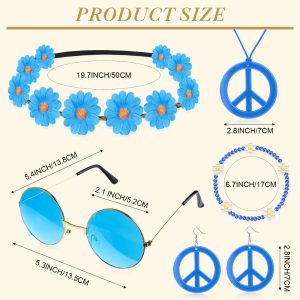 Batiyeer 6 Pcs Hippie Costume Accessories Set, Boho Peace Sign Daisy Flower 60s 70s Party Favors Decor for Groovy Party Women(Blue)