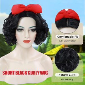 Guree Hair Short Black Curly Wigs + Red Bow Headband for Women Costume Synthetic Bob Curly Wig for Halloween Cosplay Party Use