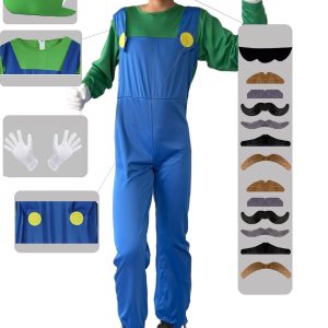 Atecheseed Super Brothers Costume Plumber Jumpsuits Halloween Cosplay With Hat Gloves Beards Blue Medium