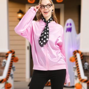 7 Pcs Pink Satin Jacket, 1950s Women Costumes with 50s Outfits Accessories for Pink Halloween Cosplay Costumes Party Set A XL