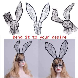 Aceorna Bunny Ears Veil Headband with Lace Mask - Black - Costume Headband - for Women and Girls - Party Accessory - Halloween, Prom, Carnival, Christmas - FREE SIZE