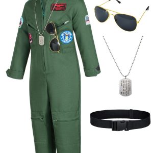 Kids Fighter Pilot Costume - Air Force Flight Suit with Aviator Sunglasses & Tag & Belt for Boys Girls Roleplay Dress Up 6-7 Years