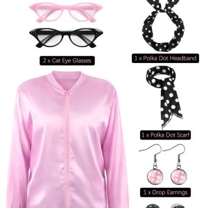 7 Pcs Pink Satin Jacket, 1950s Women Costumes with 50s Outfits Accessories for Pink Halloween Cosplay Costumes Party Set A XL