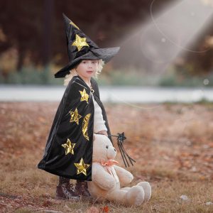 Kids Wizard Witch Cloak With Hat And Wand, Halloween Boys and Girls Cape Costume Props for Cosplay Party Fancy Dress (Black)