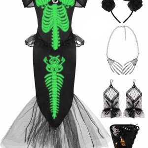 5pcs Girls Skeleton Mermaid Costume Princess Fish Dress Kids Halloween Costumes with Headband Necklace Gloves Bag for Toddler Cosplay Party CA048-M