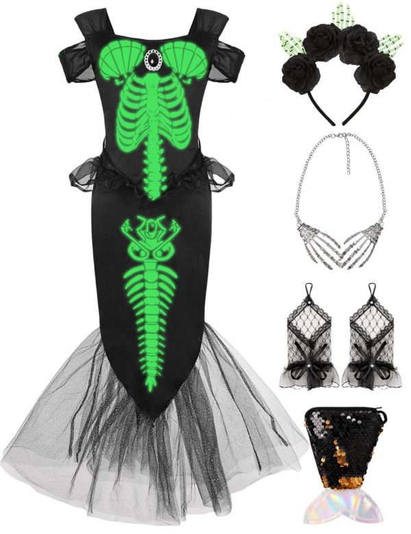 5pcs Girls Skeleton Mermaid Costume Princess Fish Dress Kids Halloween Costumes with Headband Necklace Gloves Bag for Toddler Cosplay Party CA048-M