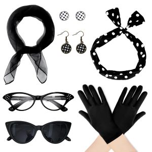 Bcxfbxd 7 Pcs 50's Women Costume Accessories Set 1950s Outfits Accessories Cat Eye Glasses Scarf Bandana Headband Drop Dot Earrings for Girls Party Halloween