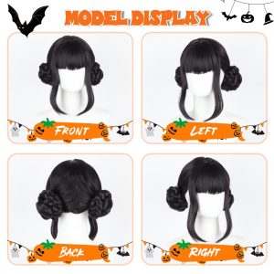 Halloween Cosplay Wig for Women - Black & Purple Short Anime Hair with Double Buns - Fantasy Character Costume Party Wig