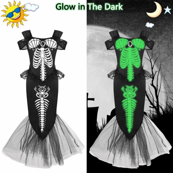 5pcs Girls Skeleton Mermaid Costume Princess Fish Dress Kids Halloween Costumes with Headband Necklace Gloves Bag for Toddler Cosplay Party CA048-M - Image 3