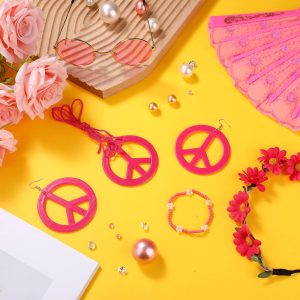 Batiyeer 6 Pcs Hippie Costume Accessories Set, Boho Peace Sign Daisy Flower 60s 70s Party Favors Decor for Groovy Party Women(Rose Red)