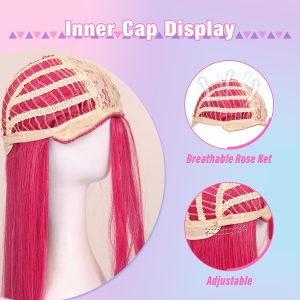 FantaLook Long Straight Hot Pink Cosplay Wig with 2 Ponytails for Women Halloween Party Costume