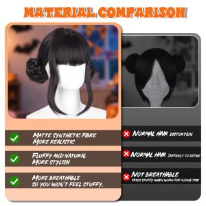 Halloween Cosplay Wig for Women - Black & Purple Short Anime Hair with Double Buns - Fantasy Character Costume Party Wig