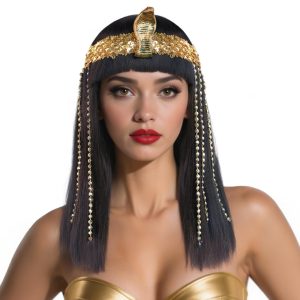 JoneTing Black Cleopatra Wig【+Hair Cap + Fringe】SL Black Bob Hair with Bangs for Women Egyptian Wigs Cleopatra Cospaly Wig Short Straight Bob Cosplay Hairs and Accessories for Halloween Costume Outfit