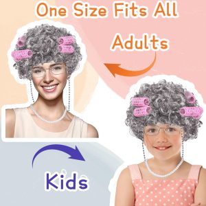 FAYBOX Old Lady Wig Costume for Women,100 Days of School Costume,Grandma Granny Costume Wig