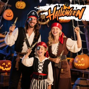 9 PCS Pirate Accessories Set, Pirate Costume Accessories With Hat, Head Scarf, Sash, Belt, Eye Patches, Swords, Map, Necklace for Halloween Party Favors Supplies Toys
