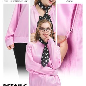 7 Pcs Pink Satin Jacket, 1950s Women Costumes with 50s Outfits Accessories for Pink Halloween Cosplay Costumes Party Set A XL