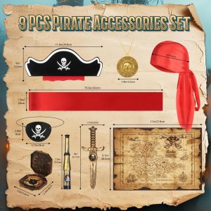 9 PCS Pirate Accessories Set, Pirate Costume Accessories With Hat, Head Scarf, Sash, Belt, Eye Patches, Swords, Map, Necklace for Halloween Party Favors Supplies Toys