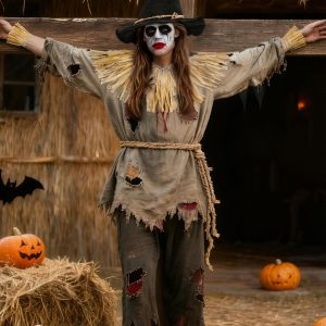 9 Piece Scarecrow Costume Set for Women Men Scarecrow Hat Gloves Rope Belt Straw Kit Holloween Cosplay Accessories