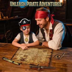 9 PCS Pirate Accessories Set, Pirate Costume Accessories With Hat, Head Scarf, Sash, Belt, Eye Patches, Swords, Map, Necklace for Halloween Party Favors Supplies Toys