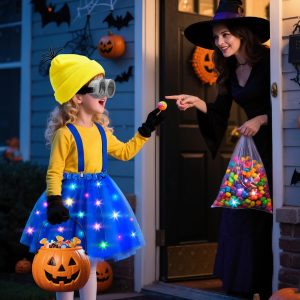 Halloween Costume for Kids, 5 PCS Light Up Yellow Halloween Cosplay Costume Accessories Set LED Blue Tutu Skirt/Steampunk Goggles Glasses/Beanie Hat/Suspenders/Black Gloves for Girls 4-8 Years