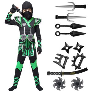 Spooktacular Creations Kids Green Ninja Costume, Child Boy Ninja Outfit Set, Halloween Costume for Toddler Themed Parties, Dress Up (Small, 5-7 yrs)