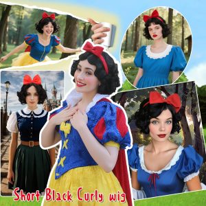 Guree Hair Short Black Curly Wigs + Red Bow Headband for Women Costume Synthetic Bob Curly Wig for Halloween Cosplay Party Use