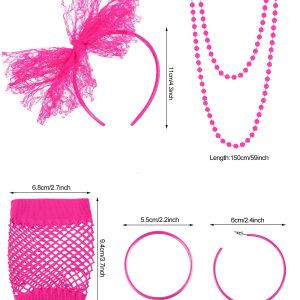 80s Accessories for Women Costume Lace Headband Earrings Fishnet Gloves Necklace Bracelet for 80's Party (Rose Red)