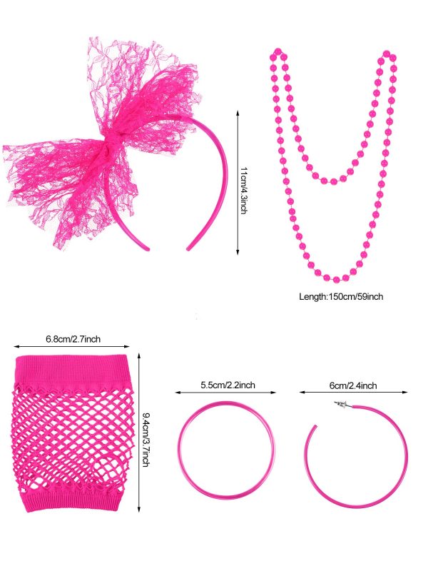 80s Accessories for Women Costume Lace Headband Earrings Fishnet Gloves Necklace Bracelet for 80's Party (Rose Red) - Image 6