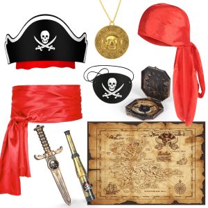 9 PCS Pirate Accessories Set, Pirate Costume Accessories With Hat, Head Scarf, Sash, Belt, Eye Patches, Swords, Map, Necklace for Halloween Party Favors Supplies Toys