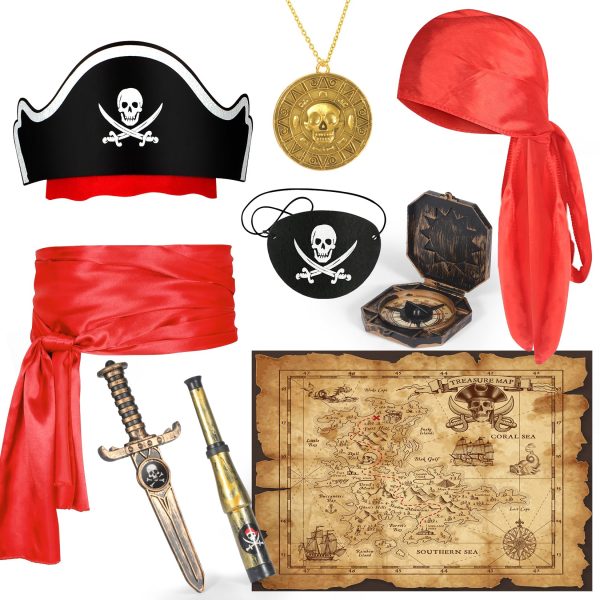 9 PCS Pirate Accessories Set, Pirate Costume Accessories With Hat, Head Scarf, Sash, Belt, Eye Patches, Swords, Map, Necklace for Halloween Party Favors Supplies Toys