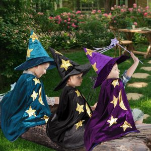 Kids Wizard Witch Cloak With Hat And Wand, Halloween Boys and Girls Cape Costume Props for Cosplay Party Fancy Dress (Black)
