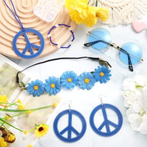 Batiyeer 6 Pcs Hippie Costume Accessories Set, Boho Peace Sign Daisy Flower 60s 70s Party Favors Decor for Groovy Party Women(Blue)