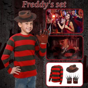 stepsin Horror Movie Costume Kids Creepy Nightmare Killer Costume Halloween Cosplay Outfits with Claw Glove Hat