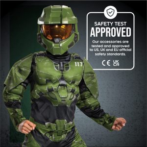 Disguise Halo Infinite Master Chief Costume, Kids Size Muscle Padded Video Game Inspired Character Jumpsuit, Child Size Small (4-6) Green & Black